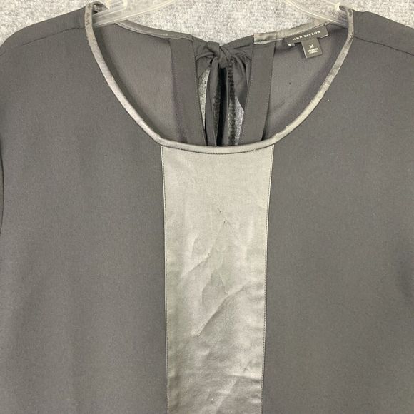 Ann Taylor Black Top 3/4 Sleeve Front Leather Panel Women M Keyhole & Tie Back - Picture 2 of 10